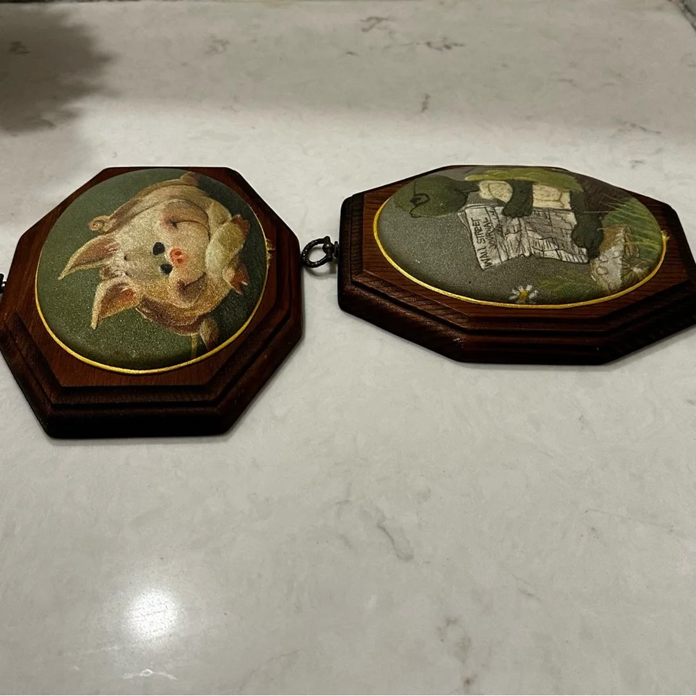 Vintage Wood Plaque Pig Turtle Set Of 2 70s Farmhouse Whimsical